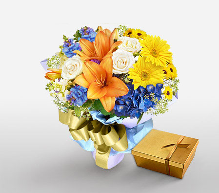 Dreamy Shades-Blue,Mixed,Orange,White,Yellow,Chocolate,Daisy,Gerbera,Iris,Lily,Mixed Flower,Bouquet