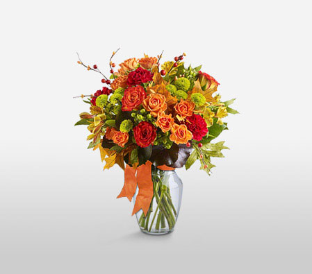 Seraphic Seasons-Green,Mixed,Orange,Red,Yellow,Alstroemeria,Carnation,Chrysanthemum,Mixed Flower,Rose,Arrangement