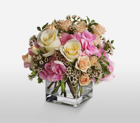 Aglow-Mixed,Peach,Pink,White,Rose,Arrangement