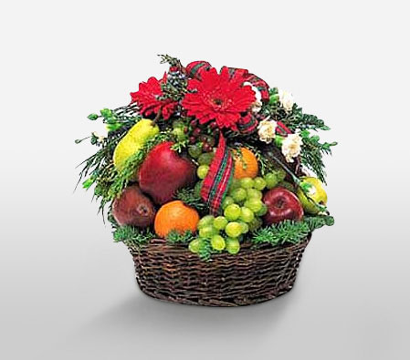 Fresh Fruits & Flowers Basket-Red,Fruit,Gerbera,Gourmet,Basket