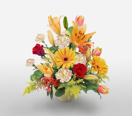 Exotic Lushes-Mixed,Orange,Red,White,Tulip,Rose,Mixed Flower,Lily,Gerbera,Carnation,Arrangement