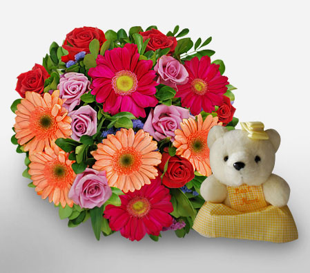 Garden Of Love-Peach,Pink,Red,Daisy,Gerbera,Rose,Teddy,Bouquet