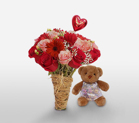 Luxury Love Combo-Pink,Red,Teddy,Rose,Gerbera,Chocolate,Arrangement