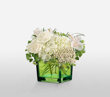 Pure-White,Alstroemeria,Hydrangea,Rose,Arrangement