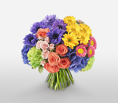 Paint My Love-Blue,Mixed,Orange,Purple,Yellow,Daisy,Gerbera,Hydrangea,Mixed Flower,Rose,Bouquet